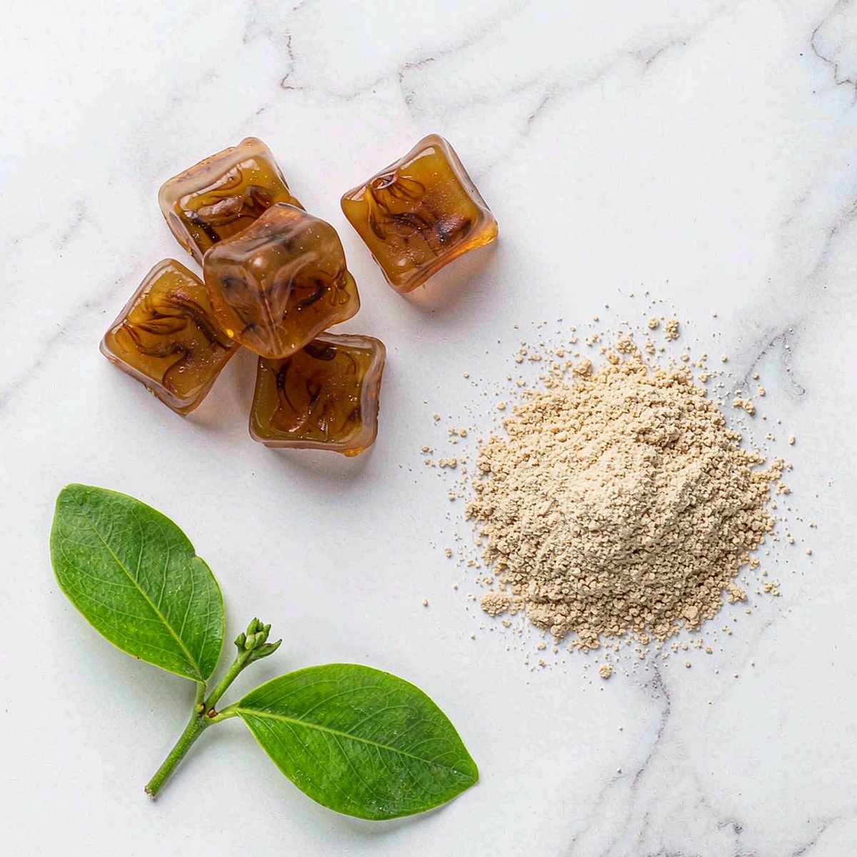 Top-down flat lay of amber wellness gummies and amino acid powder beside a fresh green herb on white marble
