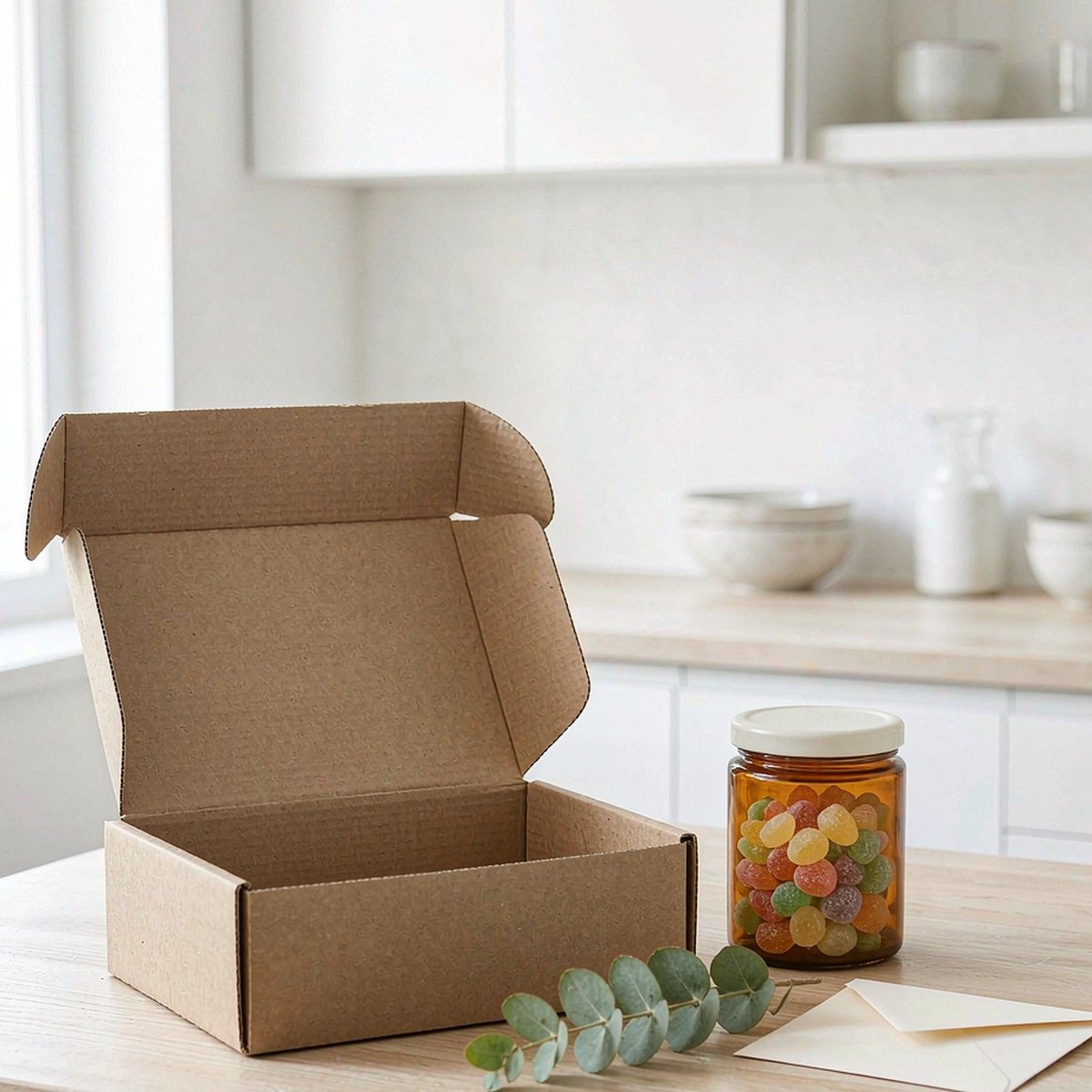 Open kraft subscription box with amber gummy jar, envelope card and eucalyptus sprig on a light oak kitchen table