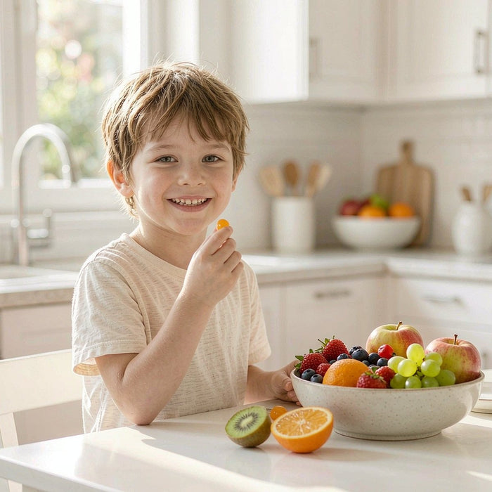 Bright family kitchen with a fair-skinned child having a daily gummy vitamin at a white breakfast table with fresh fruit