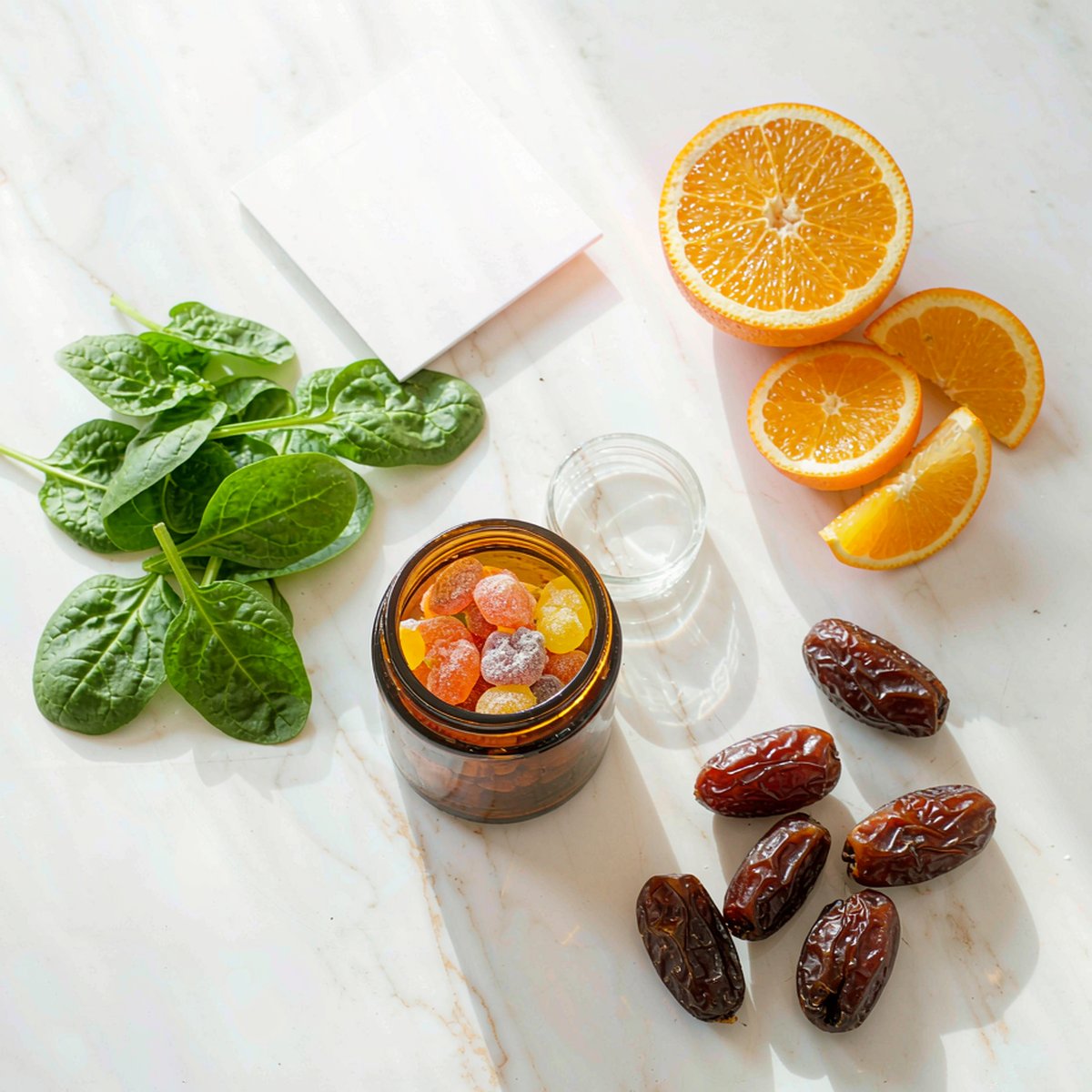 Overhead flat lay of amber gummy jar with spinach, orange slices, dates and a blank calendar card on marble
