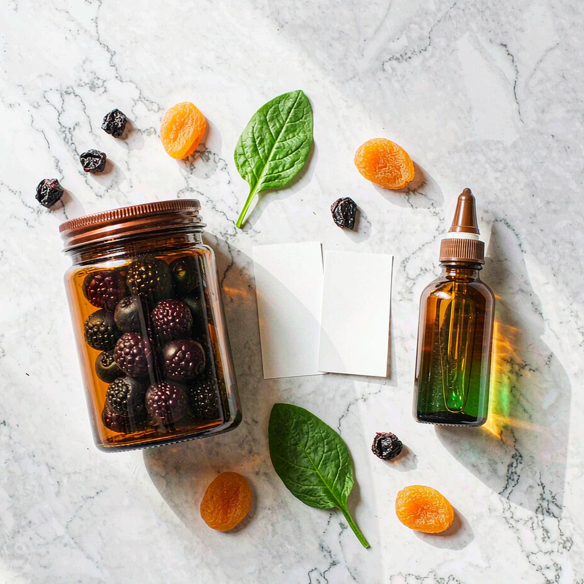 Overhead flat lay comparing an iron gummy jar and a single-ingredient dropper bottle on marble