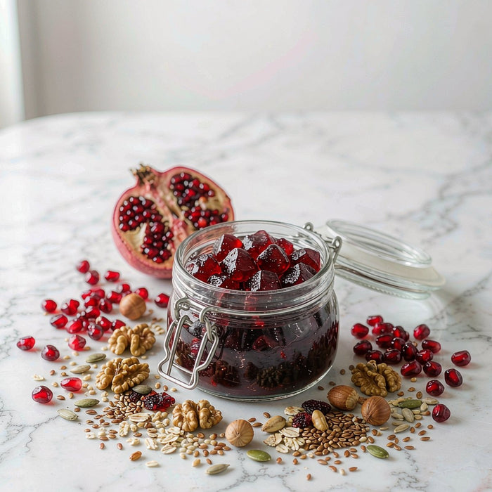 Open glass jar of dark red berry gummies on white marble with fresh fruit and seeds around it
