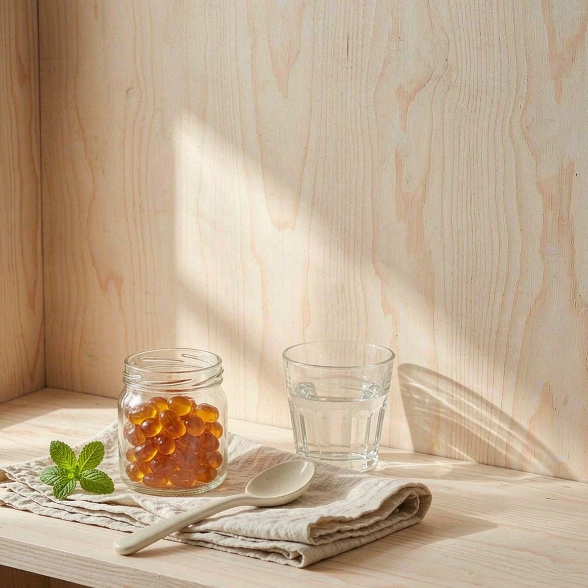 Overhead flat-lay of an amber gummy jar on linen beside a spoon, mint and water in soft morning light