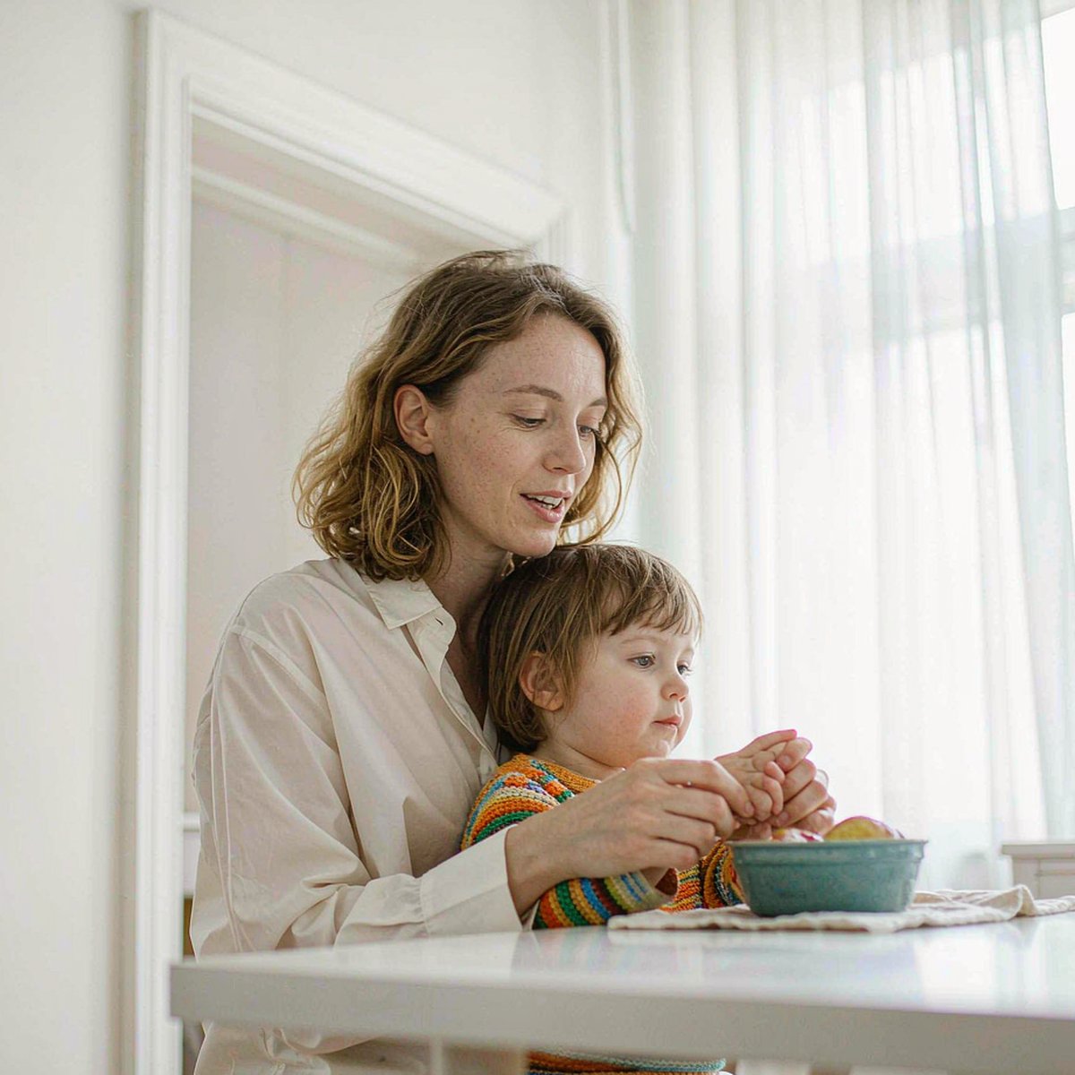 Fair-skinned mother with light brown hair and young child sharing a wellness routine at a sunny kitchen table