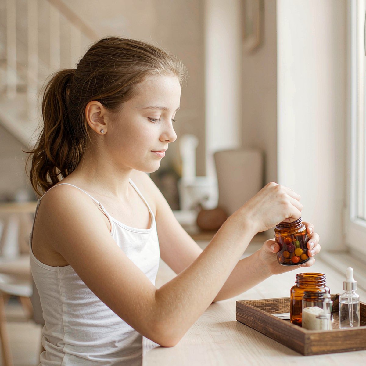 Teen girl holding an amber jar of iron gummies beside other supplements on a bright kitchen counter