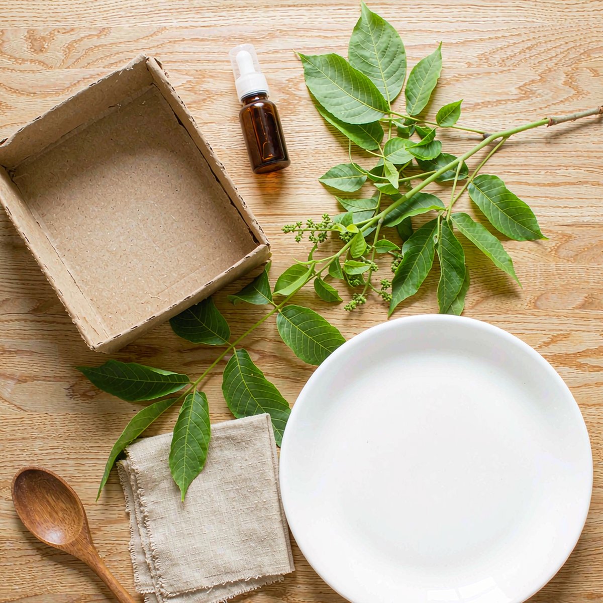 Overhead flat lay of a kraft box, amber dropper bottle, linen napkin and walnut leaves on warm oak