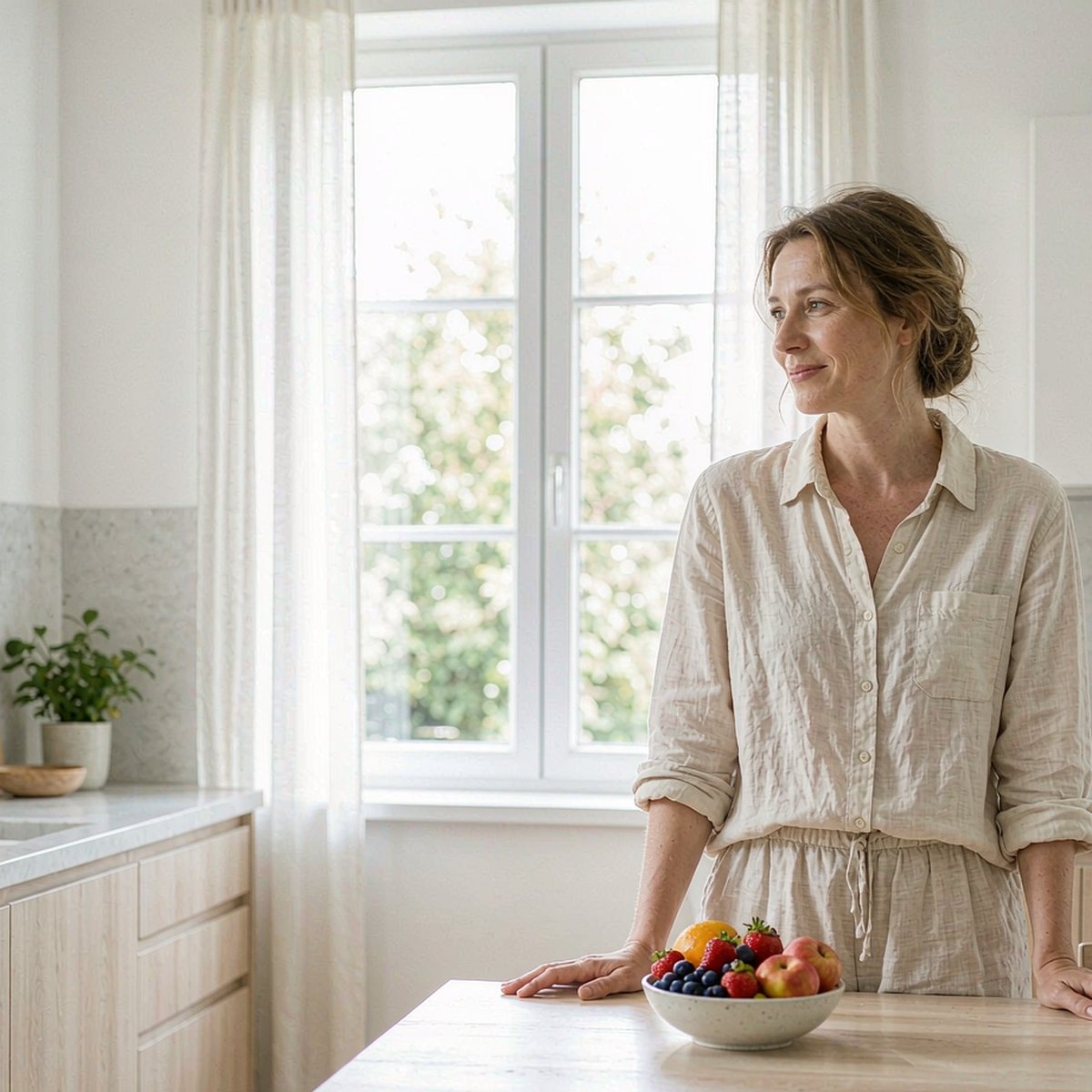 Caucasian woman with fair light skin enjoying a calm morning routine by a sunlit kitchen window with fresh fruit.