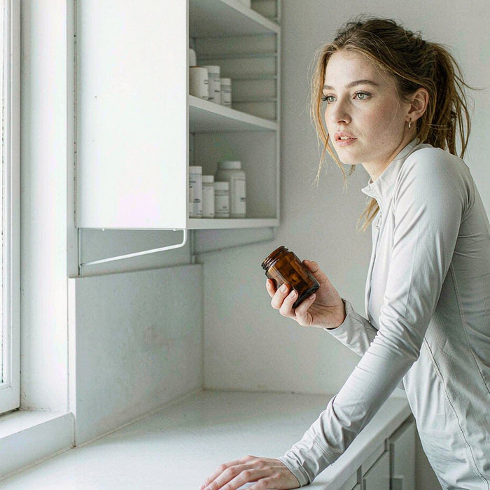 Woman with fair skin holding an amber supplement jar in a bright sunlit kitchen with open pantry shelves