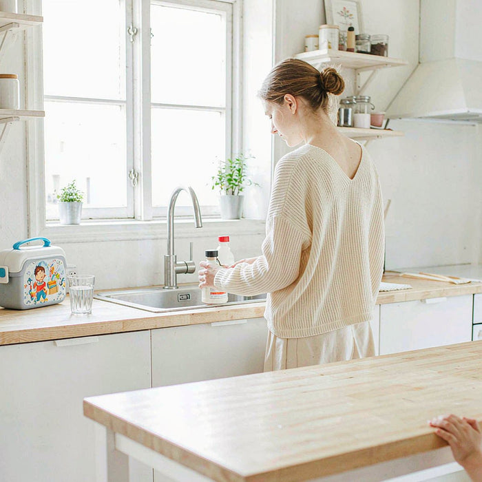 Caucasian mother with fair light skin arranging amber supplement bottles on a sunlit kitchen counter beside a lunchbox.