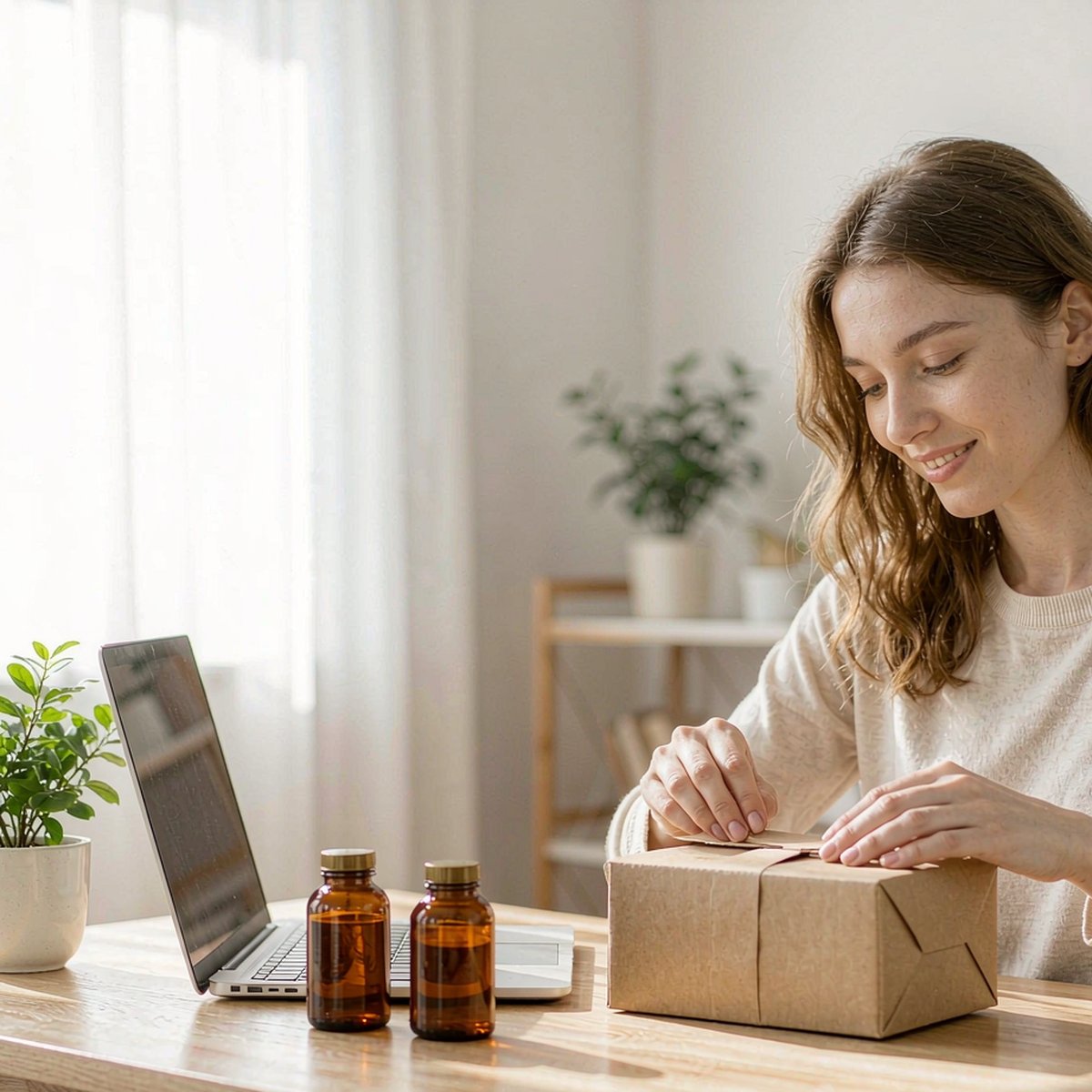 Young woman sealing a kraft shipping box beside her laptop while ordering supplements online at a bright home desk