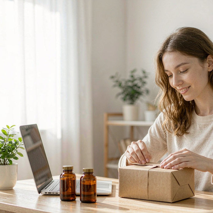 Young woman sealing a kraft shipping box beside her laptop while ordering supplements online at a bright home desk