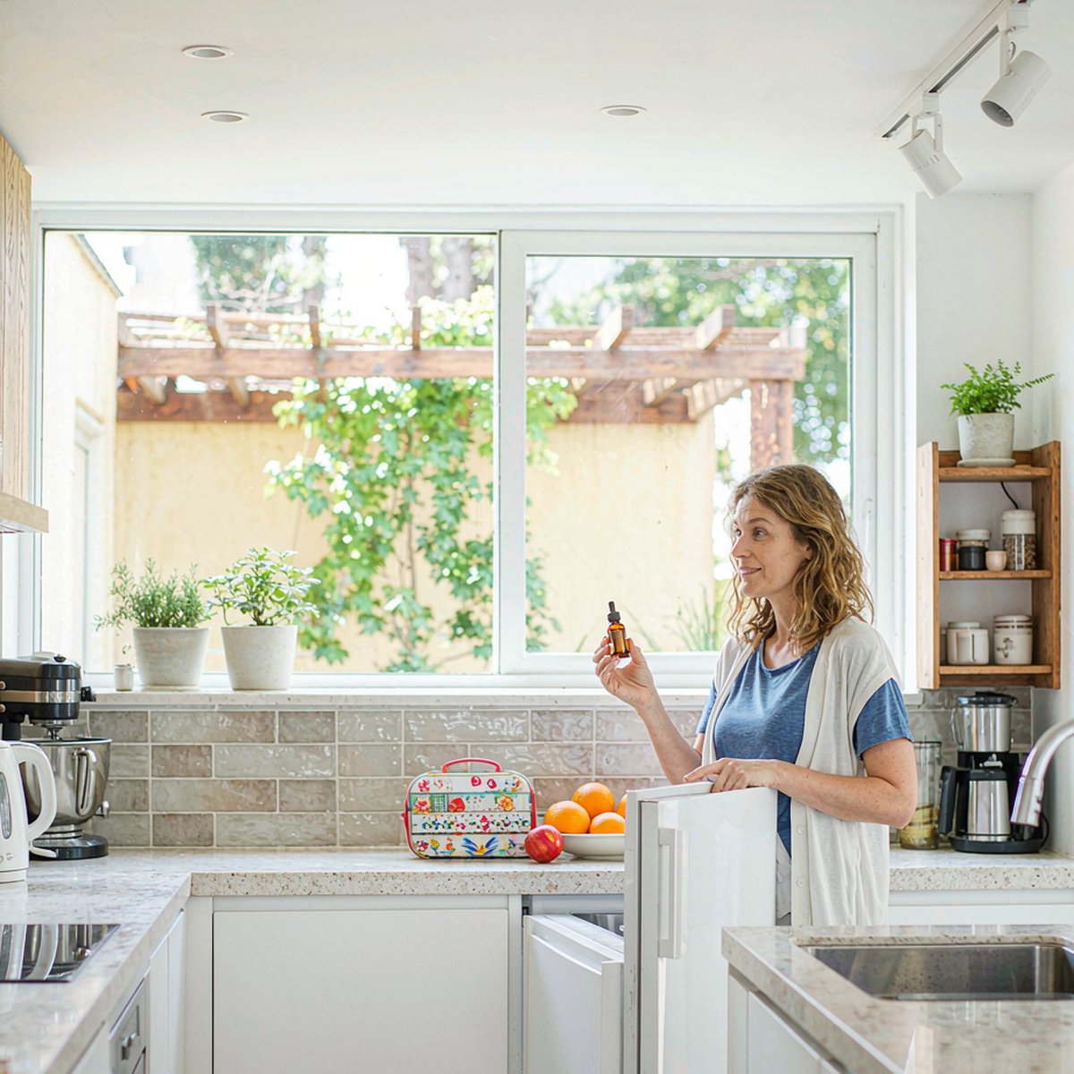 A mother in a bright Scandinavian kitchen opens the refrigerator while holding a small amber dropper bottle near a child lunchbox