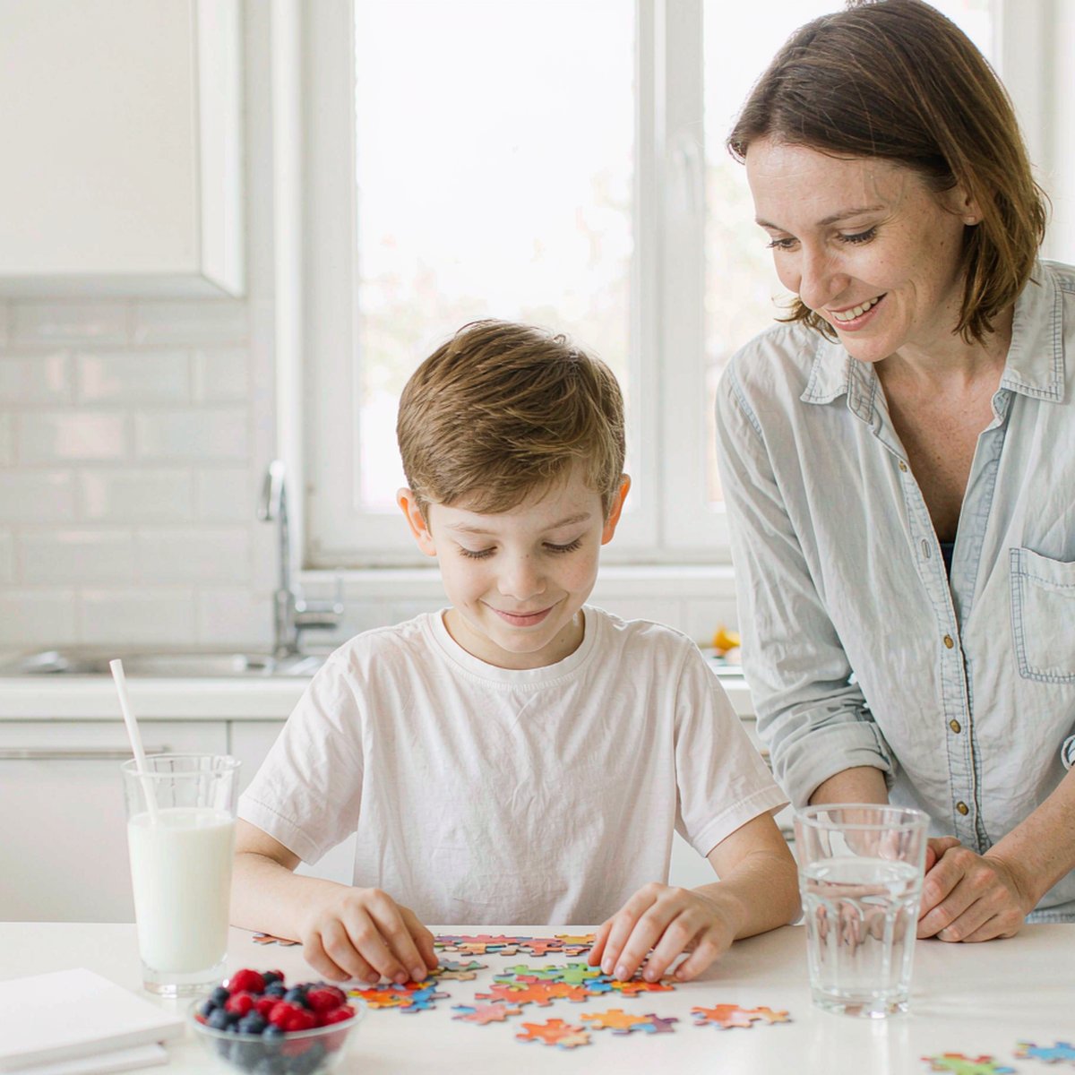 Young boy concentrating on a wooden puzzle at a bright kitchen table while his mother watches supportively during morning study time