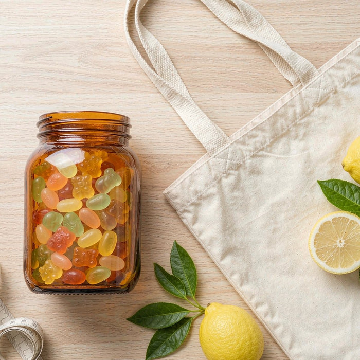 Overhead flat-lay of an amber gummy jar with a canvas tote and green leaves on oak wood