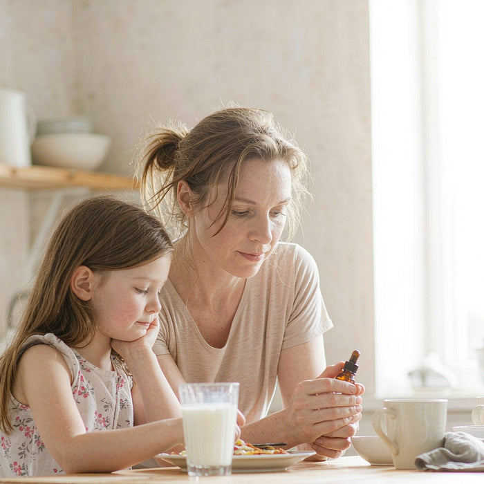 Fair-skinned mother and young daughter at a sunlit kitchen table with a small amber herbal dropper bottle, warm light.