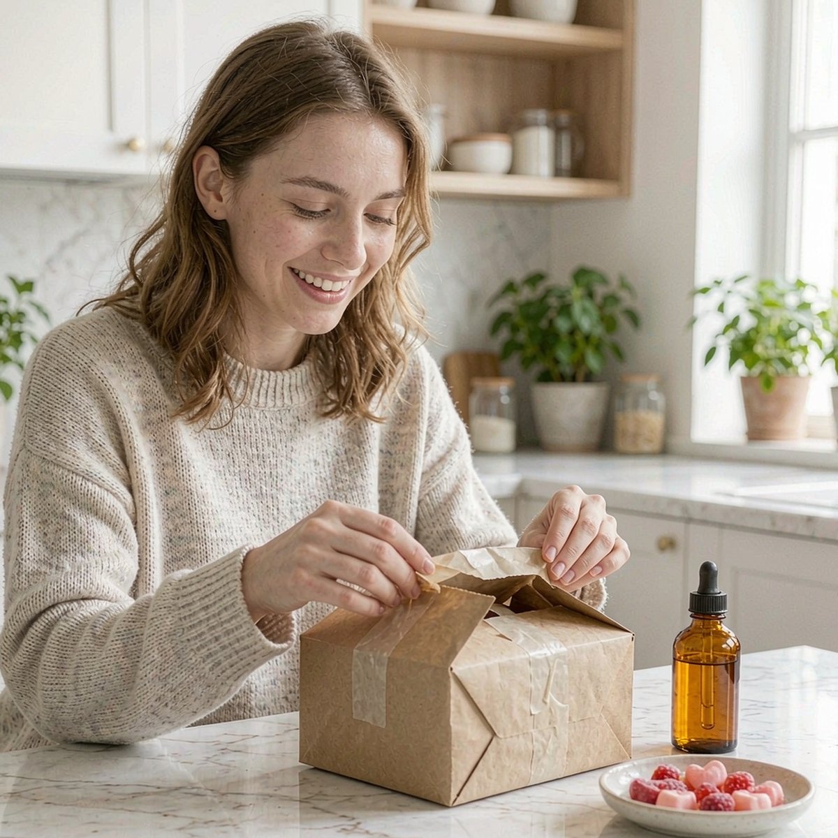 Fair skinned woman in light brown hair unpacking a kraft delivery parcel with supplement jar in bright kitchen
