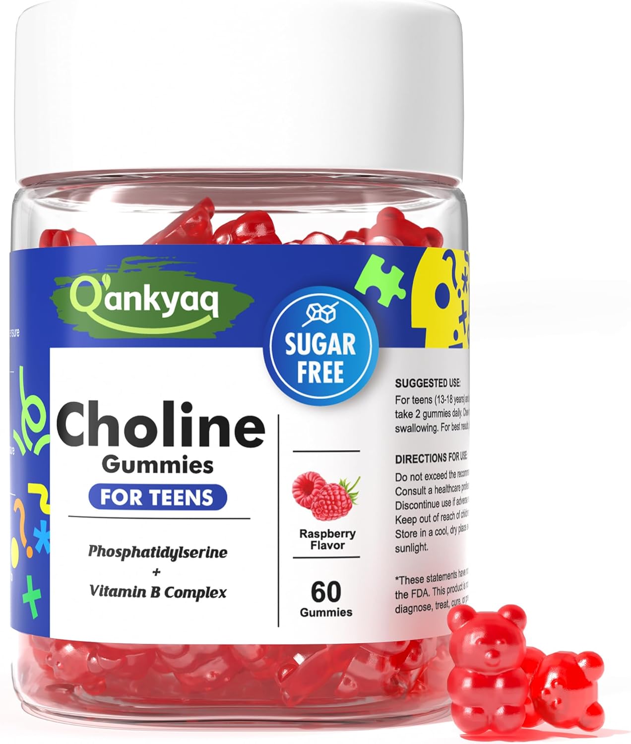 Q'ankyaq Choline Supplements for Kids & Teens, Focus & Memory Gummies, with Choline Bitartrate, Phosphatidylserine, Vitamin B-Complex, Support Brain Health, Sugar-Free, Vegan, 60 Gummies