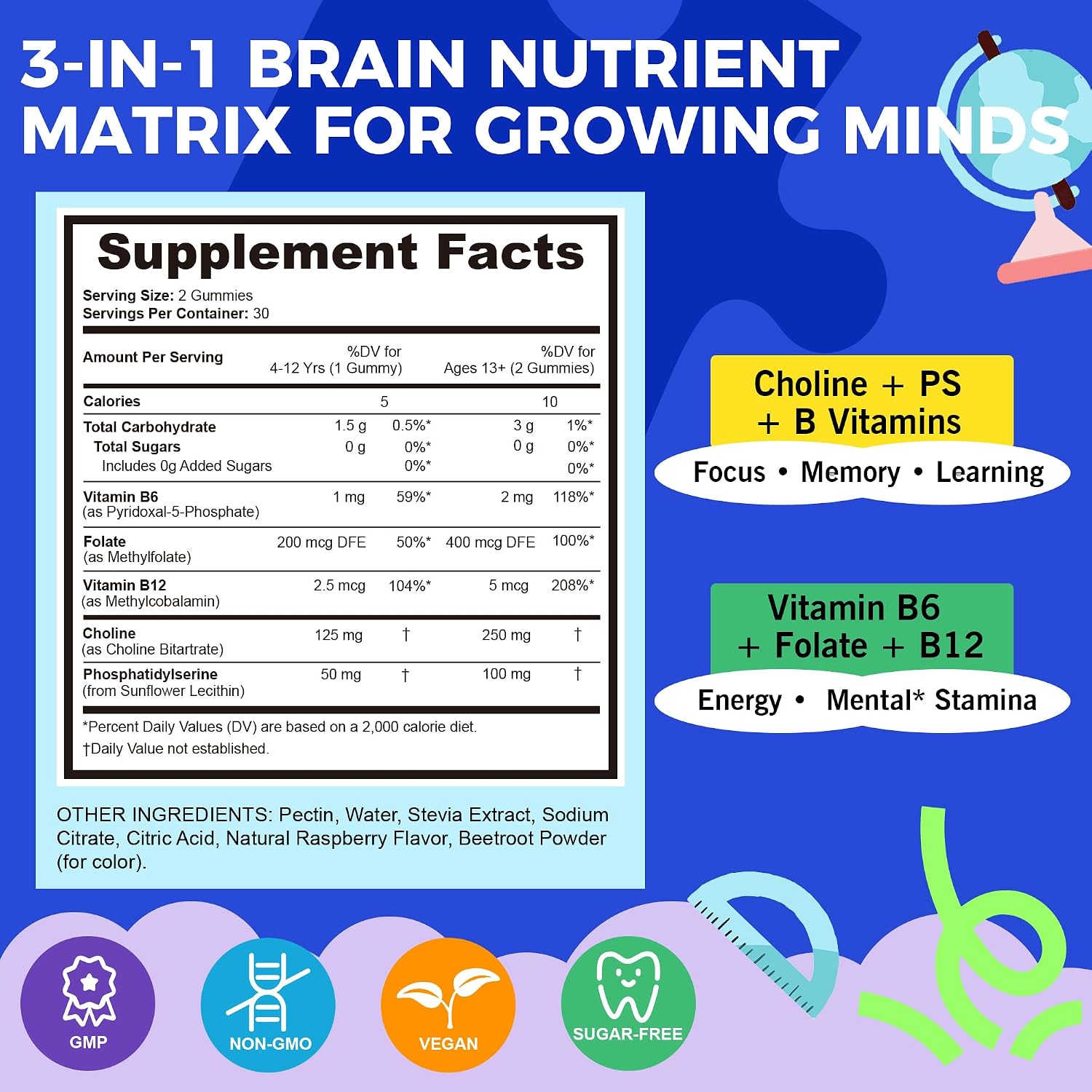 Q'ankyaq Choline Supplements for Kids & Teens, Focus & Memory Gummies, with Choline Bitartrate, Phosphatidylserine, Vitamin B-Complex, Support Brain Health, Sugar-Free, Vegan, 60 Gummies