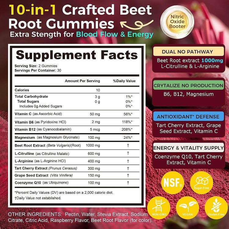 Q'ankyaq Nitric Oxide Gummies, Beet Root Extract, L-Citrulline & L-Arginine | Nitric Oxide Booster for Men & Women, Energy & Endurance Support, Circulation Support, Sugar Free, 60 Counts
