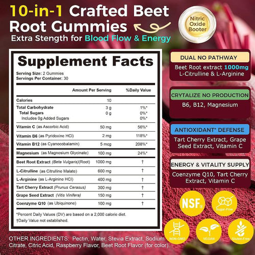 Q'ankyaq Nitric Oxide Gummies, Beet Root Extract, L-Citrulline & L-Arginine | Nitric Oxide Booster for Men & Women, Energy & Endurance Support, Circulation Support, Sugar Free, 60 Counts