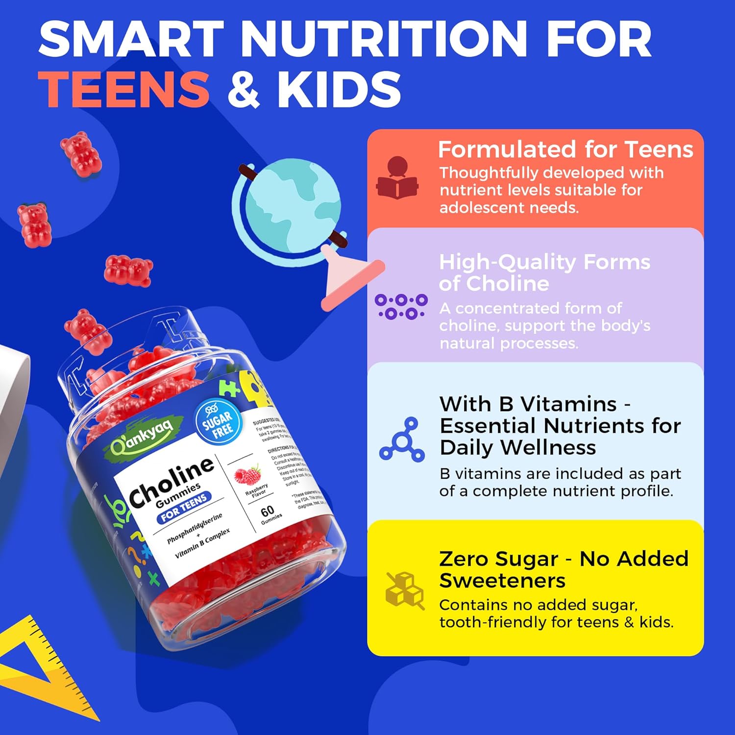 Q'ankyaq Choline Supplements for Kids & Teens, Focus & Memory Gummies, with Choline Bitartrate, Phosphatidylserine, Vitamin B-Complex, Support Brain Health, Sugar-Free, Vegan, 60 Gummies