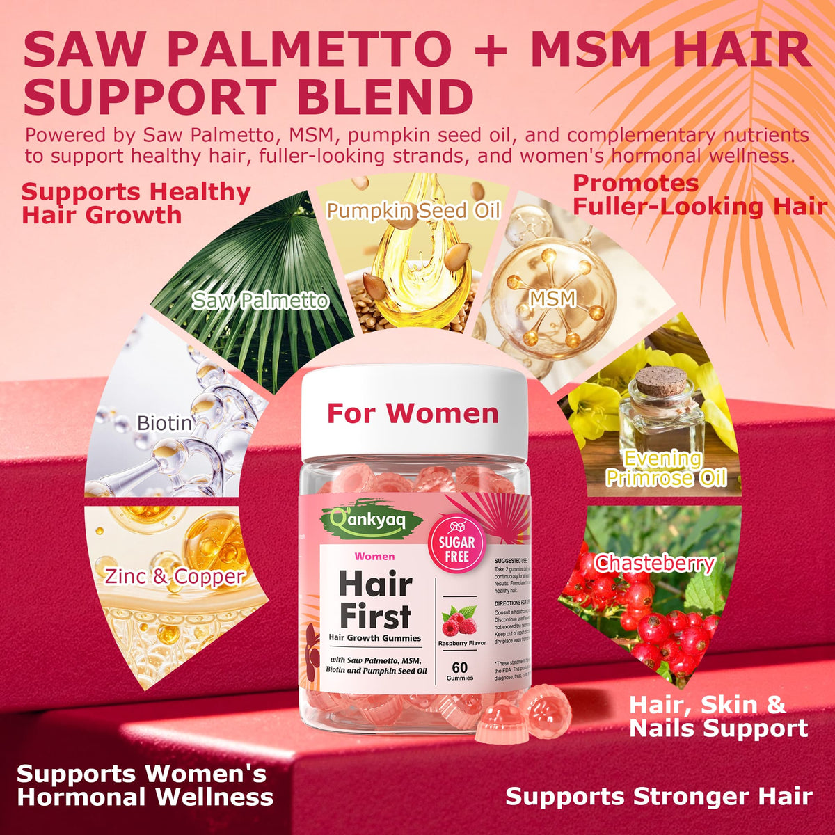 Hair Growth Gummies for Women, Saw Palmetto, Pumpkin Seed Oil & MSM