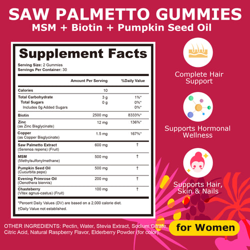 Hair Growth Gummies for Women, Saw Palmetto, Pumpkin Seed Oil & MSM