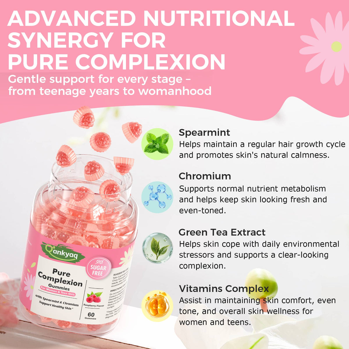 Spearmint Supplement Gummies for Women & Teen Girls, Pure Complexion, 60ct
